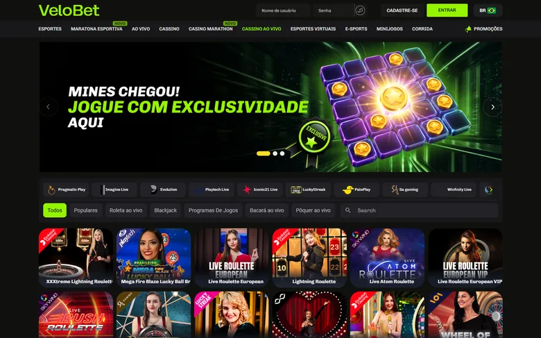 Lobby de cassino ao vivo da Velobet na aba Todos