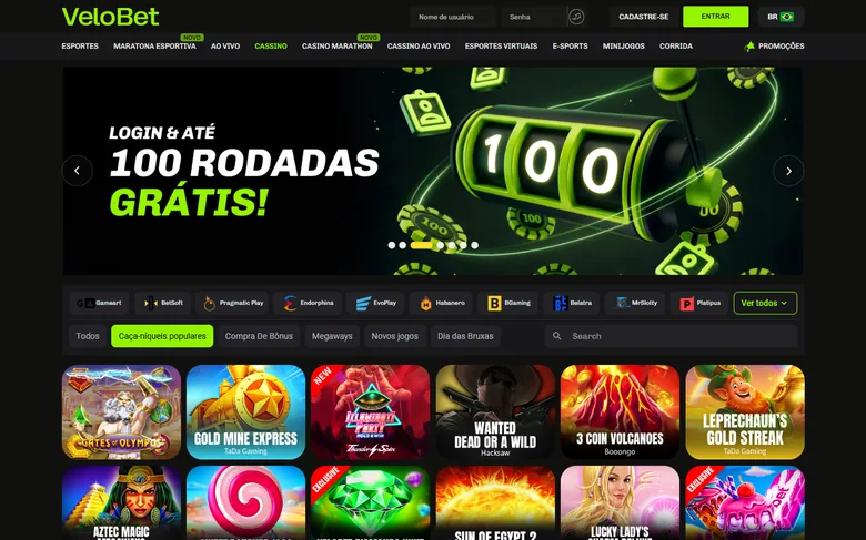 Lobby de caça-níqueis da Velobet na aba Caça-níqueis populares, com a vitrine de jogos