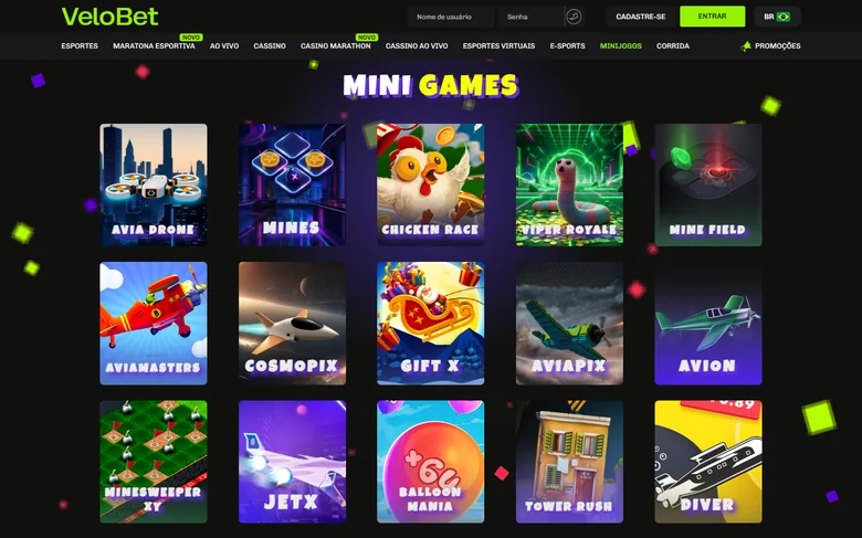 Grade de minijogos do lobby da Velobet
